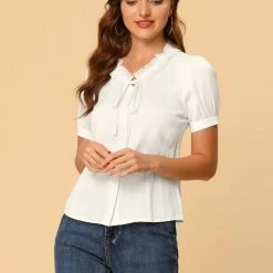 Allegra K Women's Ruffle Self Tie Neck Button Up Puff Sleeve Blouse