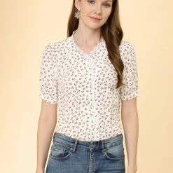 Allegra K Women's Floral Blouse Lace Ruffled V-neck Button Up Chiffon Shirt 11 Allegra K Women's Floral Blouse Lace Ruffled V-neck Button Up Chiffon Shirt