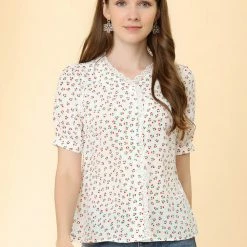 Allegra K Women's Floral Blouse Lace Ruffled V-neck Button Up Chiffon Shirt 12 Allegra K Women's Floral Blouse Lace Ruffled V-neck Button Up Chiffon Shirt