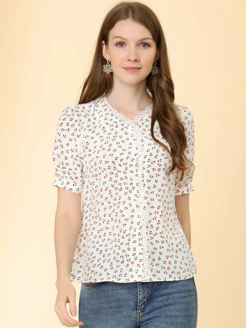 Allegra K Women's Floral Blouse Lace Ruffled V-neck Button Up Chiffon Shirt 6 Allegra K Women's Floral Blouse Lace Ruffled V-neck Button Up Chiffon Shirt