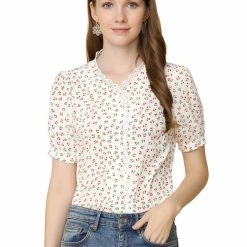 Allegra K Women's Floral Blouse Lace Ruffled V-neck Button Up Chiffon Shirt