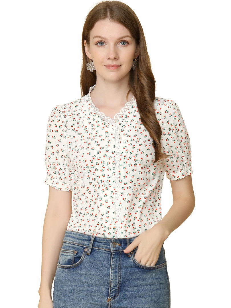 Allegra K Women's Floral Blouse Lace Ruffled V-neck Button Up Chiffon Shirt 4 Allegra K Women's Floral Blouse Lace Ruffled V-neck Button Up Chiffon Shirt