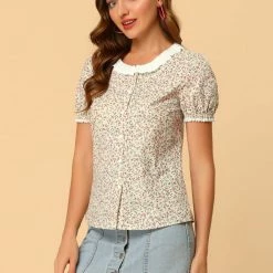 Allegra K Women's Floral Embroidered Round Neck Puff Short Sleeve Peasant Shirt Top