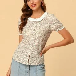 Allegra K Women's Floral Embroidered Round Neck Puff Short Sleeve Peasant Shirt Top