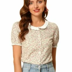 Allegra K Women's Floral Embroidered Round Neck Puff Short Sleeve Peasant Shirt Top