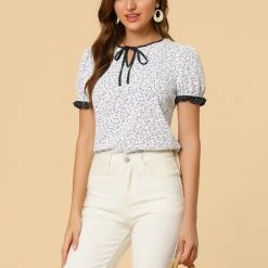 Allegra K Women's Tie Neck Short Sleeve Floral Blouse Tops