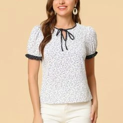 Allegra K Women's Tie Neck Short Sleeve Floral Blouse Tops