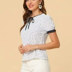 Allegra K Women's Tie Neck Short Sleeve Floral Blouse Tops