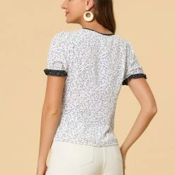 Allegra K Women's Tie Neck Short Sleeve Floral Blouse Tops