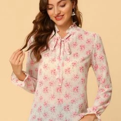 Allegra K Women's Semi-Sheer Tie Neck Blouse Ruffle Elegant Floral Top