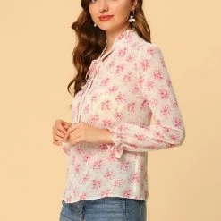Allegra K Women's Semi-Sheer Tie Neck Blouse Ruffle Elegant Floral Top