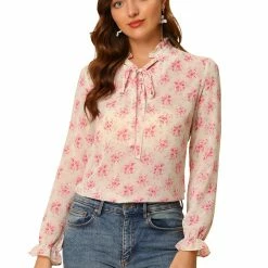 Allegra K Women's Semi-Sheer Tie Neck Blouse Ruffle Elegant Floral Top