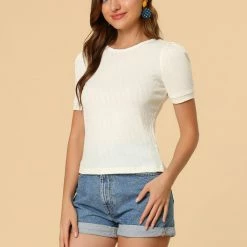 Allegra K Women's Solid Short Puff Sleeve Cute Textured Lace Trim Blouse Top