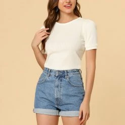 Allegra K Women's Solid Short Puff Sleeve Cute Textured Lace Trim Blouse Top