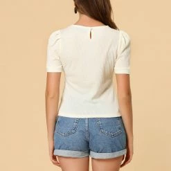 Allegra K Women's Solid Short Puff Sleeve Cute Textured Lace Trim Blouse Top