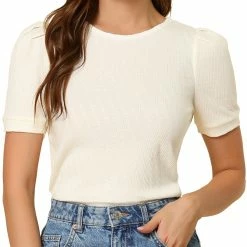 Allegra K Women's Solid Short Puff Sleeve Cute Textured Lace Trim Blouse Top