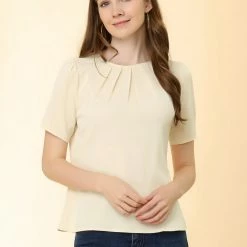 Allegra K Women's Casual Pleated Round Neck Office Short Sleeve Blouse Tops 11 Allegra K Women's Casual Pleated Round Neck Office Short Sleeve Blouse Tops