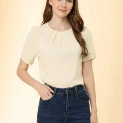 Allegra K Women's Casual Pleated Round Neck Office Short Sleeve Blouse Tops 12 Allegra K Women's Casual Pleated Round Neck Office Short Sleeve Blouse Tops