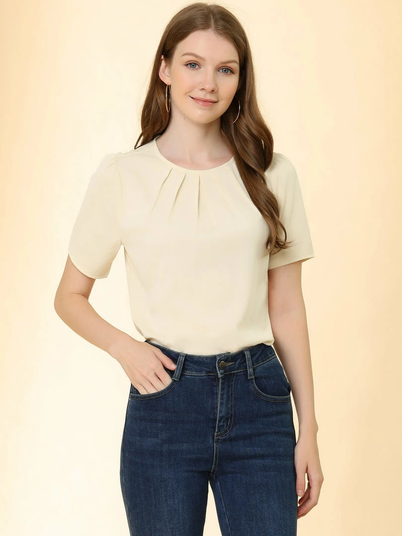 Allegra K Women's Casual Pleated Round Neck Office Short Sleeve Blouse Tops 6 Allegra K Women's Casual Pleated Round Neck Office Short Sleeve Blouse Tops