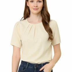 Allegra K Women's Casual Pleated Round Neck Office Short Sleeve Blouse Tops