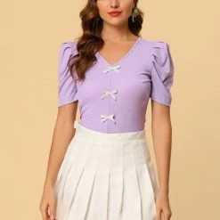 Allegra K Women's Puff Short Sleeve V Neck Glitter Bow Elegant Slim Fit Knit Crop Top