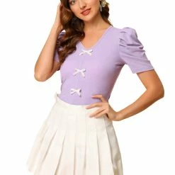 Allegra K Women's Puff Short Sleeve V Neck Glitter Bow Elegant Slim Fit Knit Crop Top