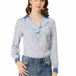 Allegra K Women's Floral Turndown Collar Chiffon Ruffle Tops V Neck Blouse