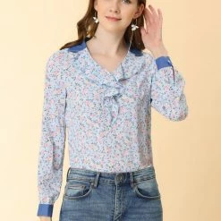 Allegra K Women's Floral Turndown Collar Chiffon Ruffle Tops V Neck Blouse