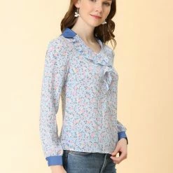 Allegra K Women's Floral Turndown Collar Chiffon Ruffle Tops V Neck Blouse