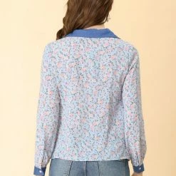 Allegra K Women's Floral Turndown Collar Chiffon Ruffle Tops V Neck Blouse