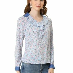 Allegra K Women's Floral Turndown Collar Chiffon Ruffle Tops V Neck Blouse