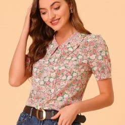 Allegra K Women's Lace Insert Point Collar Blouse Puff Sleeves Peasant Floral Shirt Top