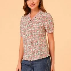 Allegra K Women's Lace Insert Point Collar Blouse Puff Sleeves Peasant Floral Shirt Top