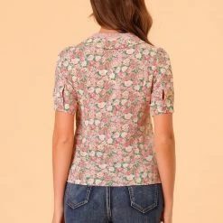 Allegra K Women's Lace Insert Point Collar Blouse Puff Sleeves Peasant Floral Shirt Top