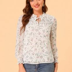 Allegra K Women’s Floral Puff Long Sleeve Ruffle Tie Neck Pleated Front Chiffon Blouse