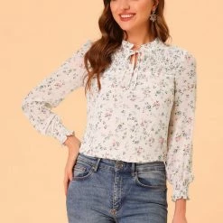 Allegra K Women’s Floral Puff Long Sleeve Ruffle Tie Neck Pleated Front Chiffon Blouse