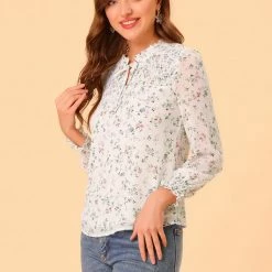 Allegra K Women’s Floral Puff Long Sleeve Ruffle Tie Neck Pleated Front Chiffon Blouse