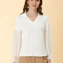 Allegra K Women's Elegant Sheer Long Sleeves Lace Chiffon V Neck Blouse Tops