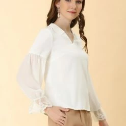 Allegra K Women's Elegant Sheer Long Sleeves Lace Chiffon V Neck Blouse Tops