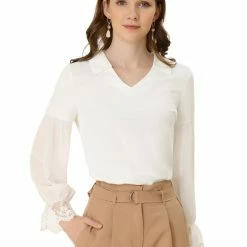 Allegra K Women's Elegant Sheer Long Sleeves Lace Chiffon V Neck Blouse Tops