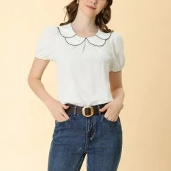 Allegra K Women's Puff Sleeve Summer Peter Pan Collar Blouse Tops