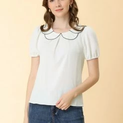 Allegra K Women's Puff Sleeve Summer Peter Pan Collar Blouse Tops