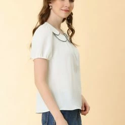 Allegra K Women's Puff Sleeve Summer Peter Pan Collar Blouse Tops