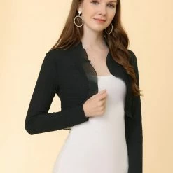 Allegra K Women's Elegant Ruffle Collar Crop Cardigan Knit Open Front Bolero Shrug