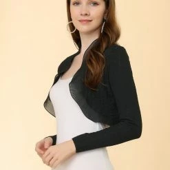 Allegra K Women's Elegant Ruffle Collar Crop Cardigan Knit Open Front Bolero Shrug