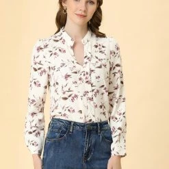 Allegra K Women's Floral Print Notch V Neck Office Long Sleeve Blouse