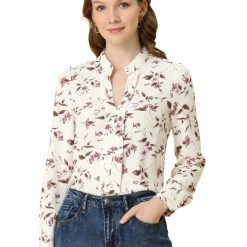 Allegra K Women's Floral Print Notch V Neck Office Long Sleeve Blouse