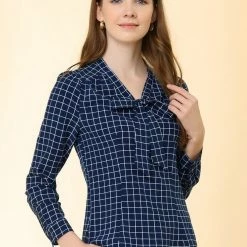Allegra K Women's Elegant Bow Tie Neck Puff Long Sleeve Plaid Top Work Shirt Blouse