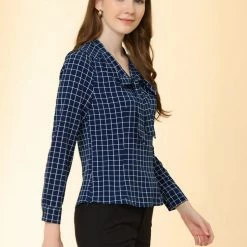 Allegra K Women's Elegant Bow Tie Neck Puff Long Sleeve Plaid Top Work Shirt Blouse