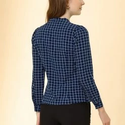 Allegra K Women's Elegant Bow Tie Neck Puff Long Sleeve Plaid Top Work Shirt Blouse